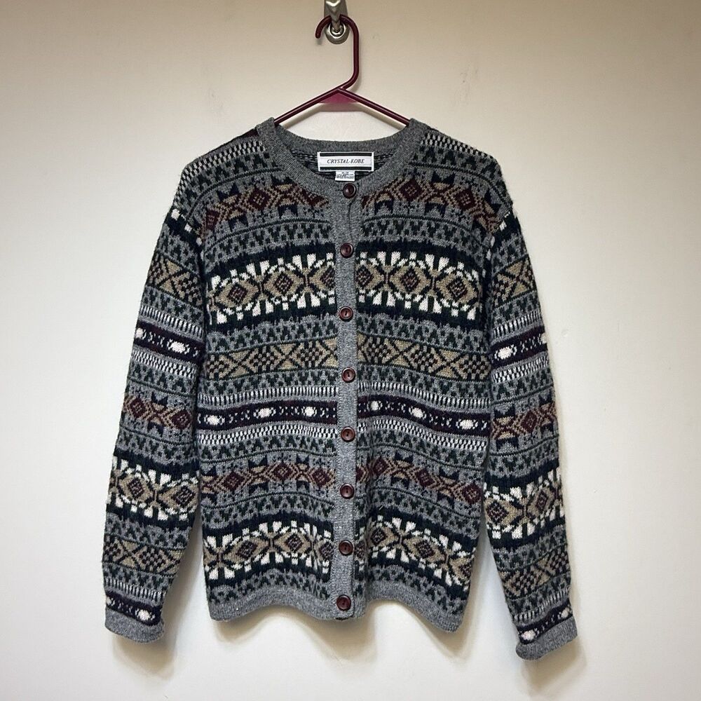 Vintage Crystal Kobe 100% Wool Shetland Cardigan Women's M Button Up Cottage - Picture 2 of 8